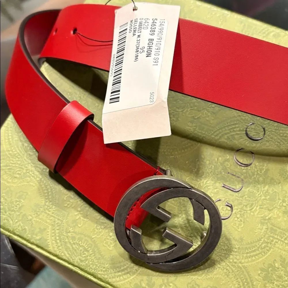 Gucci Authentic Rosso Red Interlocking G GG Leather Belt/Dust Bag 95 37